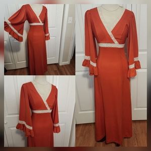 Vintage Rust & Cream Empire Wasit Prairie Lace Ruffle Bell Sleeved Dress